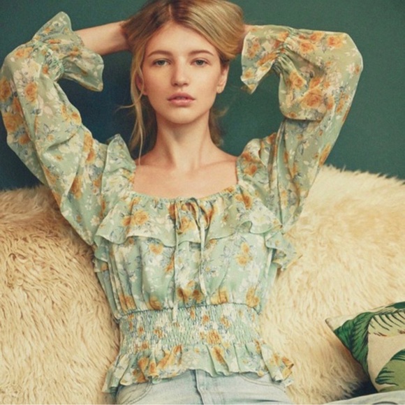 Peasant Prairie Floral Print Smocked Waist Ruffle Blouse Top Women’s Sizes NWT - Picture 10 of 11